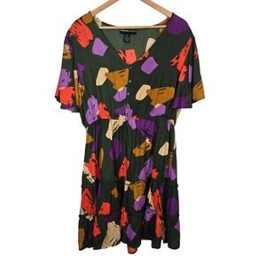 Marianne Women 1X Abstract Rayon Dress Green Purple Tiered Ruffle Boho Mini